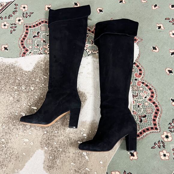Tila March | Suede Leather Black Knee High Block Heel Tall Designer Boots 38 7.5 - Picture 6 of 11